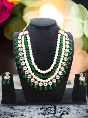Green Pearl Traditional Multi Layer Kundan Beaded Necklace Earrings Set Gold Plated Partywear Set