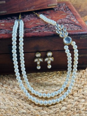 Two Layer White Traditional Kundan Beaded Necklace Earrings Set Gold Plated Partywear Set