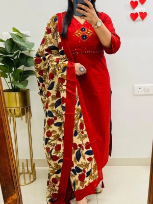 Vedika Red Ethnic Embroidered V-Neck Straight Fit Cotton Kurti Pant With Dupatta  (Set Of 3)