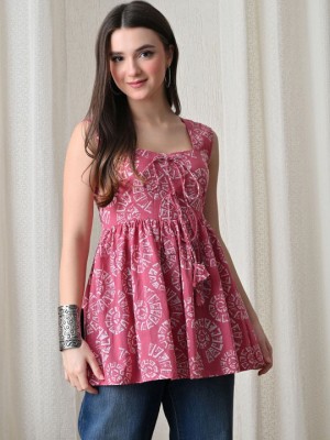 Vibrant Pink Designer Printed Short Kurti Sleeveless Tunic Peplum Top for Women