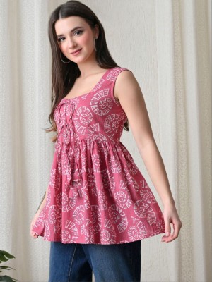 Vibrant Pink Designer Printed Short Kurti Sleeveless Tunic Peplum Top for Women