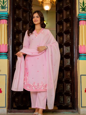Amina Elegance Floral Embroidered V-Neck Straight Fit Cotton Kurti Pant With Dupatta  (Set Of 3)
