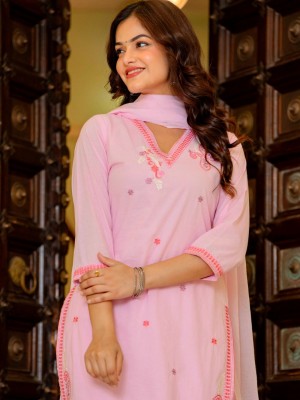 Amina Elegance Floral Embroidered V-Neck Straight Fit Cotton Kurti Pant With Dupatta  (Set Of 3)