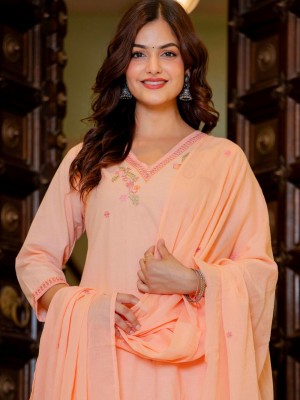 Amina Peach Elegance Floral Embroidered V-Neck Straight Fit Cotton Kurti Pant With Dupatta  (Set Of 3)