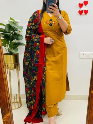 Vedika Yellow Ethnic Embroidered V-Neck Straight Fit Cotton Kurti Pant With Dupatta  (Set Of 3)