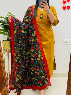 Vedika Yellow Ethnic Embroidered V-Neck Straight Fit Cotton Kurti Pant With Dupatta  (Set Of 3)