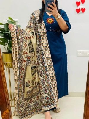 Vedika Blue Ethnic Embroidered V-Neck Straight Fit Cotton Kurti Pant With Dupatta  (Set Of 3)