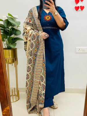 Vedika Blue Ethnic Embroidered V-Neck Straight Fit Cotton Kurti Pant With Dupatta  (Set Of 3)