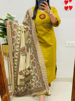 Vedika Mustard Green Ethnic Embroidered V-Neck Straight Fit Cotton Kurti Pant With Dupatta  (Set Of 3)
