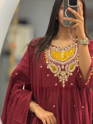Kavya Maroon Designer Cotton Embroidered Anarkali Salwar Suit Set with Dupatta (Set Of 3)