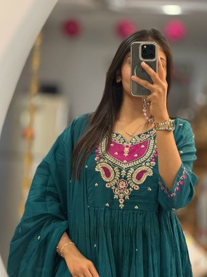 Kavya Teal Green Designer Cotton Embroidered Anarkali Salwar Suit Set with Dupatta (Set Of 3)
