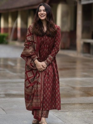 Maroon Anarkali Style Ajrakh Print V-Neck With Sequin Work Cotton Kurti Pant with Dupatta (Set Of 3)