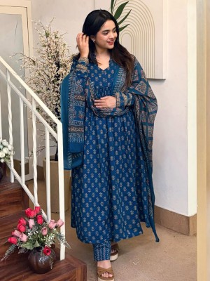 Blue Anarkali Style Ajrakh Print V-Neck With Sequin Work Cotton Kurti Pant with Dupatta (Set Of 3)