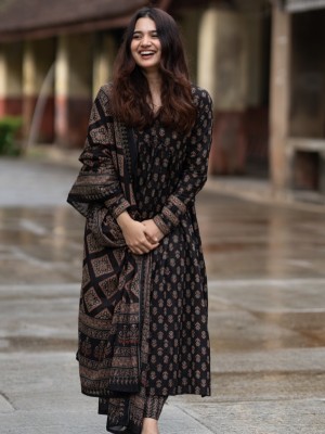 Black Anarkali Style Ajrakh Print V-Neck With Sequin Work Cotton Kurti Pant with Dupatta (Set Of 3)