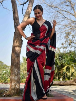 Adrika Black Multi Handloom Linen Cotton Tasseled Saree with Unstitched Blouse Piece