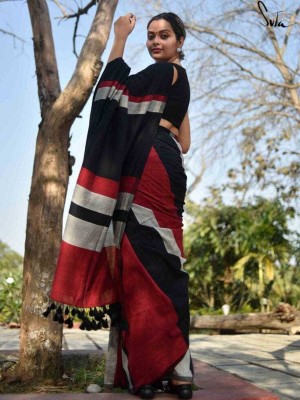 Adrika Black Multi Handloom Linen Cotton Tasseled Saree with Unstitched Blouse Piece