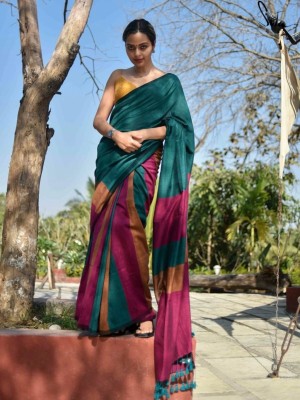 Adrika Multicolor Striped Handloom Linen Cotton Tasseled Saree with Unstitched Blouse Piece