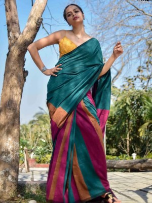 Adrika Multicolor Striped Handloom Linen Cotton Tasseled Saree with Unstitched Blouse Piece