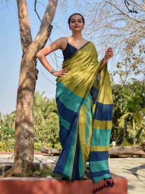 Adrika Blue & Green Handloom Linen Cotton Tasseled Saree with Unstitched Blouse Piece