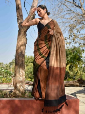 Adrika Brown Multi Handloom Linen Cotton Tasseled Saree with Unstitched Blouse Piece
