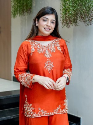 A Luxurious Design Full HandWork On Kurti And Sleeves With Plazzo Dupatta Salwar Kameez (Set Of 3)