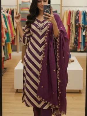 Get Casual And Classy Look Our Chanderi Suit Beautiful HandWork On Kurti Pant With Dupatta Set Salwar Kameez