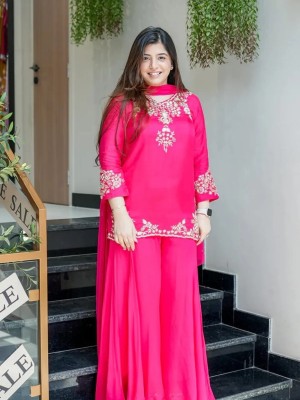 Pink Luxurious Design Full HandWork On Kurti And Sleeves With Plazzo Dupatta Salwar Kameez (Set Of 3)
