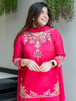 Pink Luxurious Design Full HandWork On Kurti And Sleeves With Plazzo Dupatta Salwar Kameez (Set Of 3)