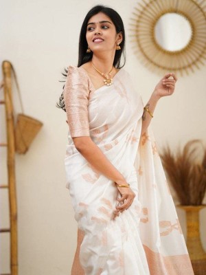 Cream Beautiful Ethnic Banarasi Silk Kanjivaram Saree Zari Work with Blouse Piece