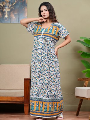 White Floral Printed Cotton Nighty Night Gown Indoor Wear Comfortable Night Kurti with Mobile Pocket