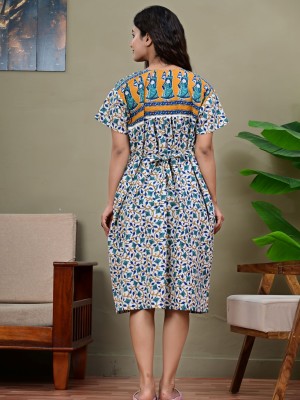 White Floral Printed Cotton Short Nighty Night Gown Indoor Wear Comfortable Night Kurti with Mobile Pocket