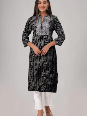 Black Bandhej Print Ethnic Kurti Indian Pakistani Aline Top Bandhani Kurta Dress