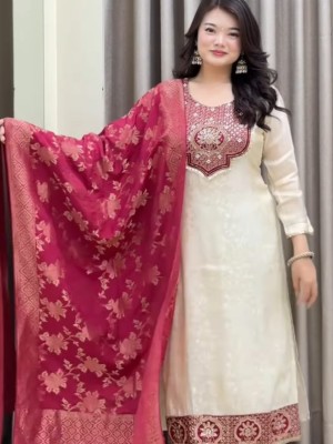 Banarasi Suit Beautifully Design Hand Zari Wiving With Full Embroidery Neck Kurti Pant With Dupatta (Set Of 3)