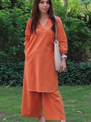 Orange Office Wear V-Neck Cotton Co-ord Set Kurti Plazzo (Set Of 2)