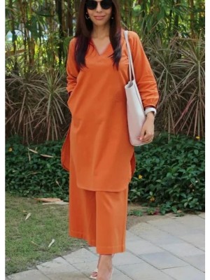 Orange Office Wear V-Neck Cotton Co-ord Set Kurti Plazzo (Set Of 2)