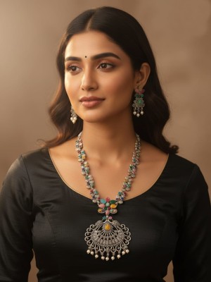 Ethnic Multicolor Silver Oxidized Long Necklace Earring Set Party Wear Stonework Pearl Designer Gypsy Jewelry