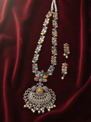 Ethnic Multicolor Silver Oxidized Long Necklace Earring Set Party Wear Stonework Pearl Designer Gypsy Jewelry