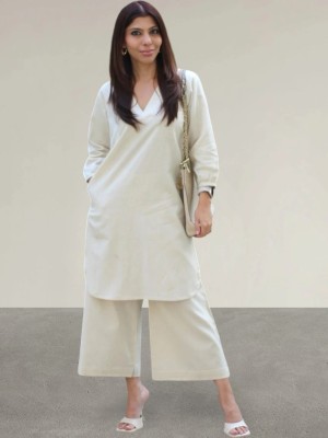 White Office Wear V-Neck Cotton Co-ord Set Kurti Plazzo (Set Of 2)