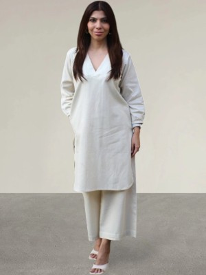 White Office Wear V-Neck Cotton Co-ord Set Kurti Plazzo (Set Of 2)