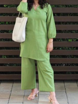 Light Green Office Wear V-Neck Cotton Co-ord Set Kurti Plazzo (Set Of 2)