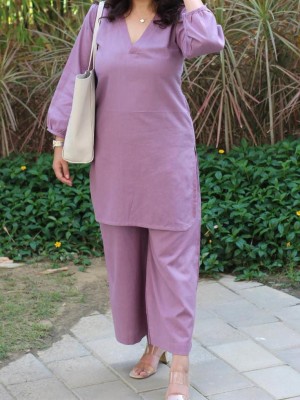 Lavender Office Wear V-Neck Cotton Co-ord Set Kurti Plazzo (Set Of 2)