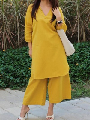 Yellow Office Wear V-Neck Cotton Co-ord Set Kurti Plazzo (Set Of 2)