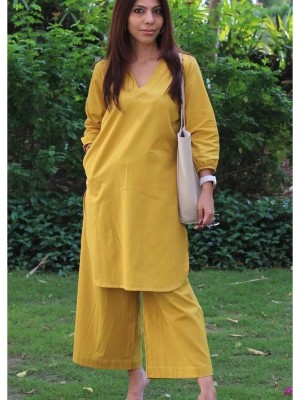 Yellow Office Wear V-Neck Cotton Co-ord Set Kurti Plazzo (Set Of 2)