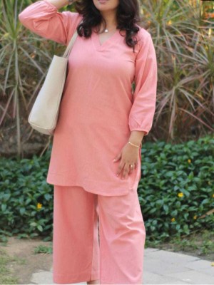 Peach Office Wear V-Neck Cotton Co-ord Set Kurti Plazzo (Set Of 2)