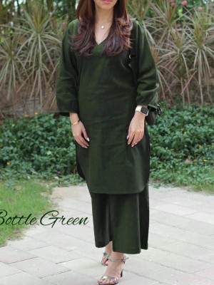 Bottle Green Office Wear V-Neck Cotton Co-ord Set Kurti Plazzo (Set Of 2)