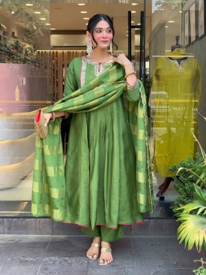 Wedding Anarkali Sequence Work Kurti Pant With Dupatta Set Salwar Kameez (Set Of 3)