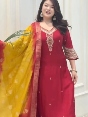 Red Traditional Embroidered Silk Kurti Pant with Dupatta Salwar Suit - Set Of 3
