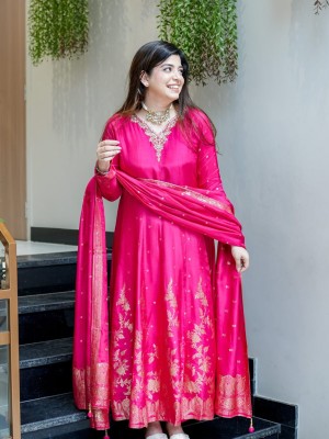 Luxurious Anarkali Hand Work Fancy Silk Kurti Pant Dupatta Set Salwar Kameez (Set Of 3)