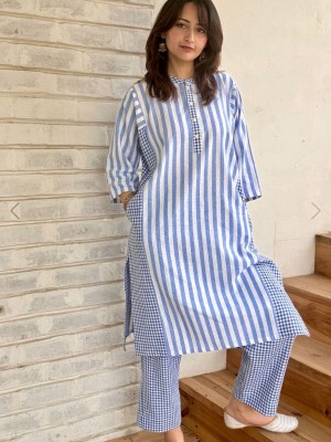 Namita Blue & White Stripped Checkered Cotton Mandarin Collar Straight Kurti Pant Co Ord Set Indian Pakistani Salwar Kameez with Pockets