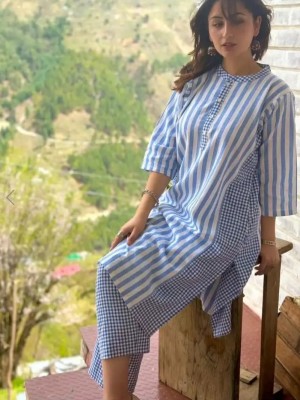 Namita Blue & White Stripped Checkered Cotton Mandarin Collar Straight Kurti Pant Co Ord Set Indian Pakistani Salwar Kameez with Pockets